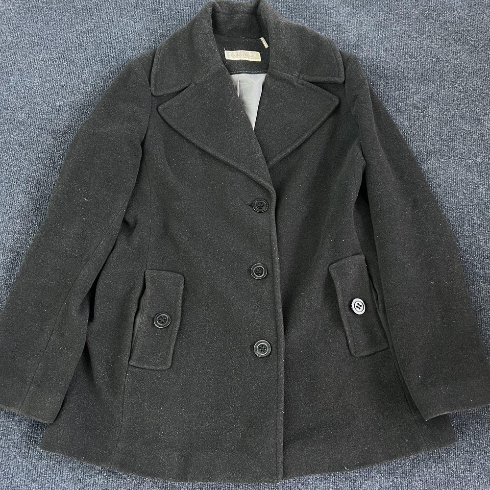 Calvin Klein Coat Womens Medium Blac Wool Pea Coat Single Breasted Lined Classic